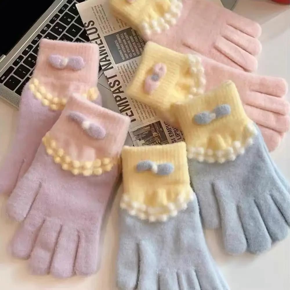 Korean Style Warm Knitted Gloves Bowknot Touch-screen Girls Winter Gloves Soft Cold-proof Riding Protective Mittens Outdoor