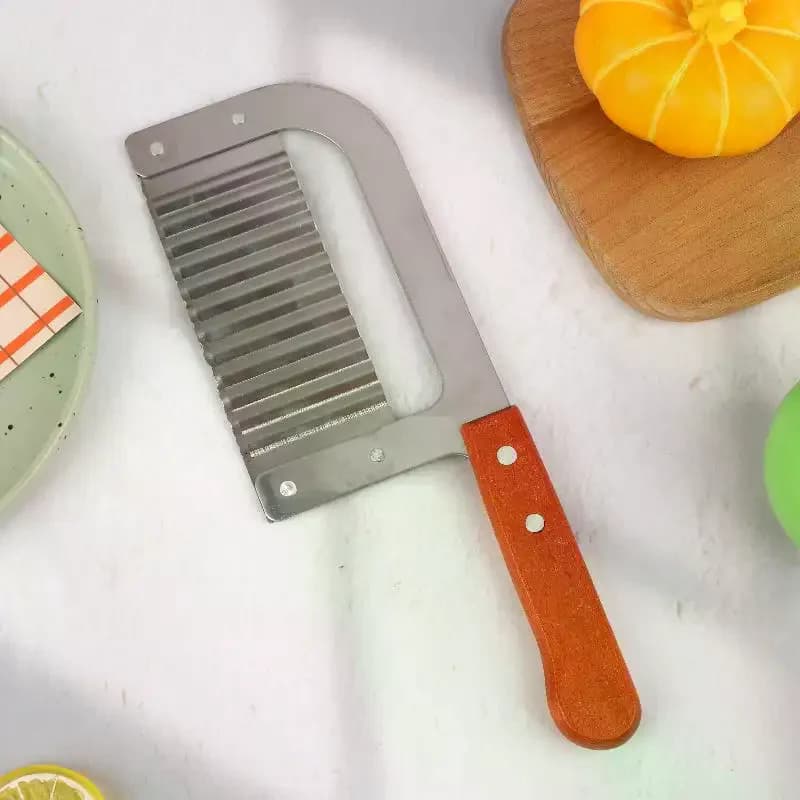 Crinkle Cut Knife Wood Handle Stainless Steel Wavy Potato Chip Cutter Vegetable Slicer For Home Kitchen Cooking Supplies