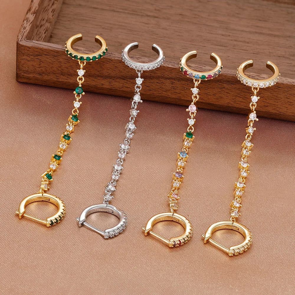 1PC Colorful Crystal Chain Pendant Hoop Earrings For Women Single-Hole Piercing Double Ring Earring Ear Clip Fashion Jewelry