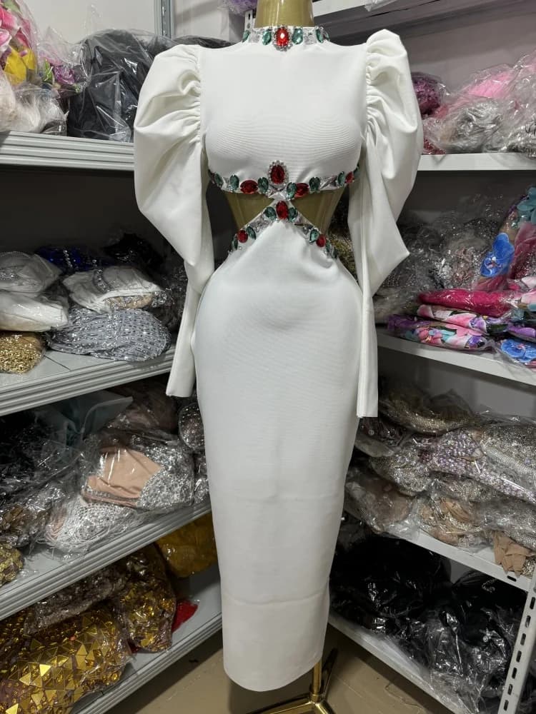 High-quality summer women's new white round-neck puff sleeve dress with colorful rhinestones and a cut-out waist, long bandage s