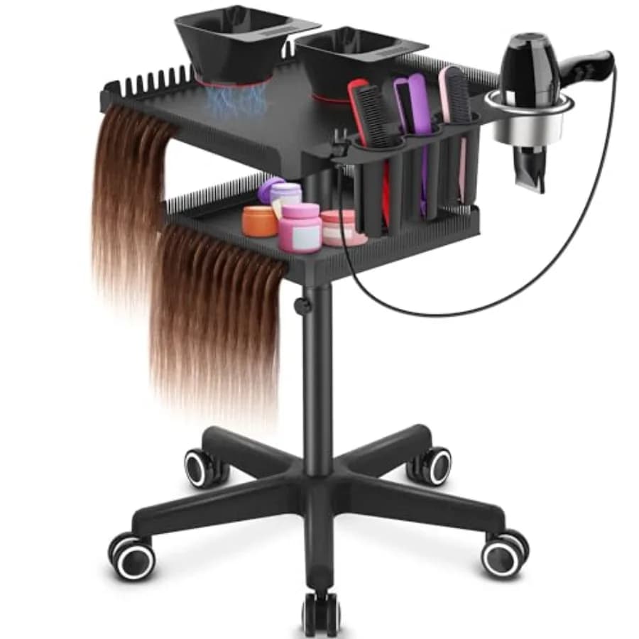 Carrello Professionale per Organizzazione Extension Capelli, Carrello in Metallo per Salone con 2 Contenitori Magnetici, Supporto per Asciugacapelli, Ruote Regolabili