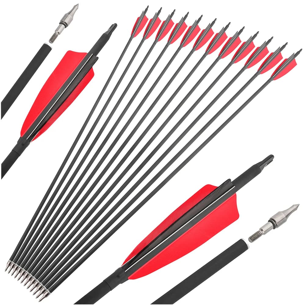 Freccia in Carbonio Misto per Tiro con l'Arco, 30.5 Pollici, Spine 500, ID 6.2mm, OD 7.8mm, Punta 100gr, Piume di Tacchino 4 Pollici, per Arco Compound e Ricurvo, Caccia