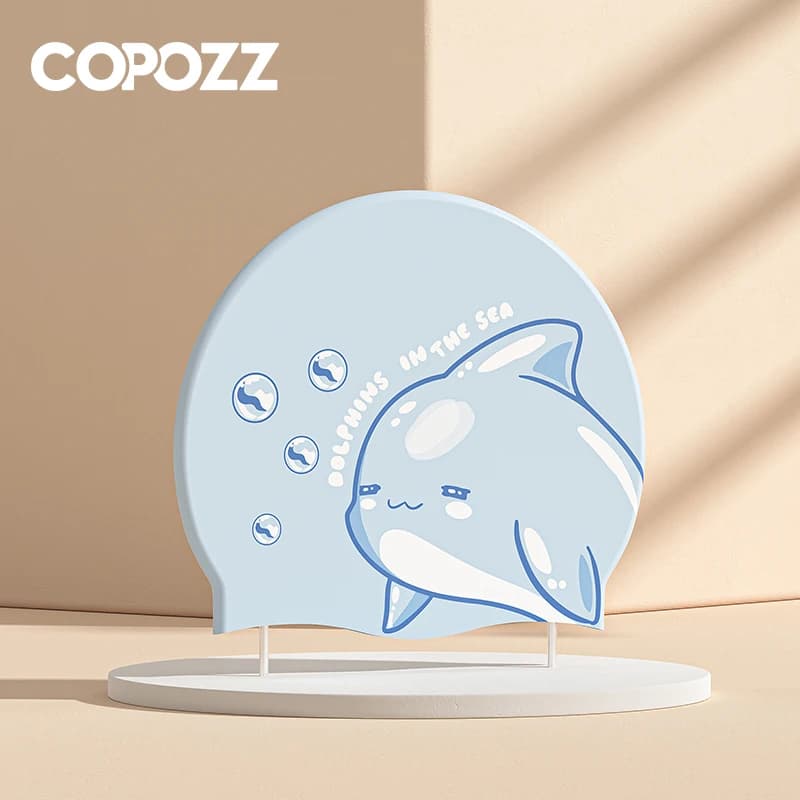 COPOZZ Swimming Cap Children Waterproof Cartoon Print Boys Girl Anti-slip Elastic Silicone Ear Protection Comfortable Swim Cap