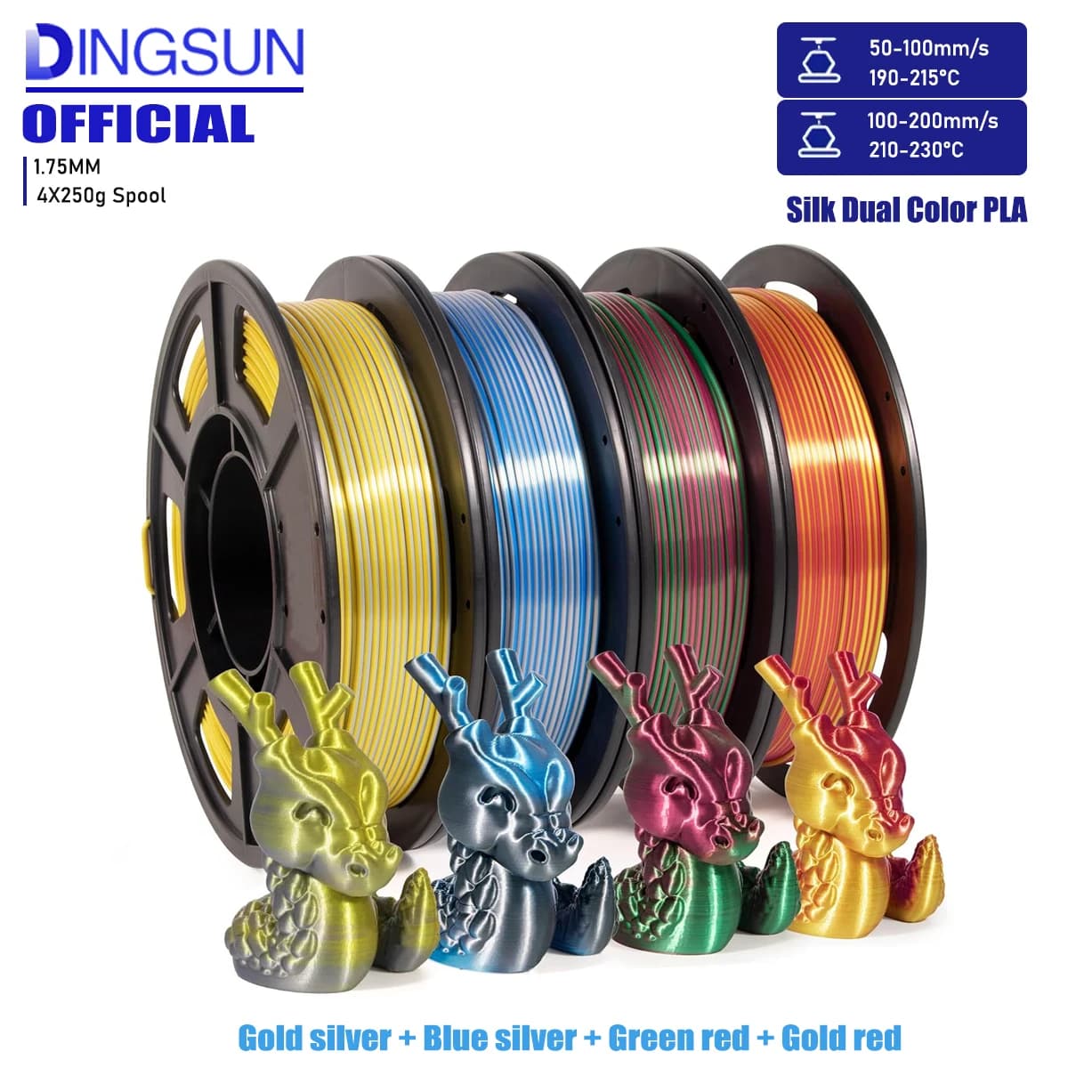 Filament for 3D printer, PLA filament package 1,75 mm, PLA silk filament with double color, dimensional accuracy +/- 0.03 mm, 250 g x 4 pack