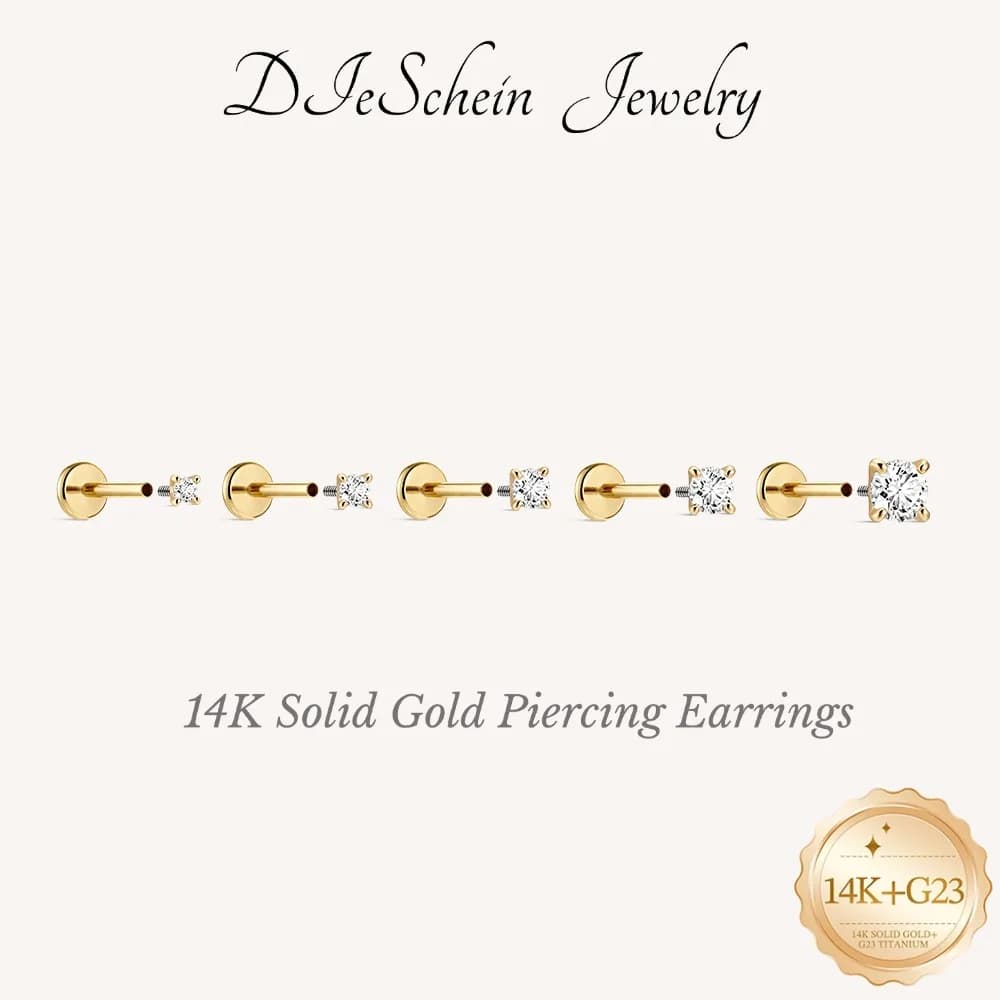 AIDE Orecchini mini piercing in oro massiccio 14 carati di diverse misure per donna, gioielli classici lucidi a forma di cuore/rotondi/a stella, gioielli di lusso per matrimoni e spose