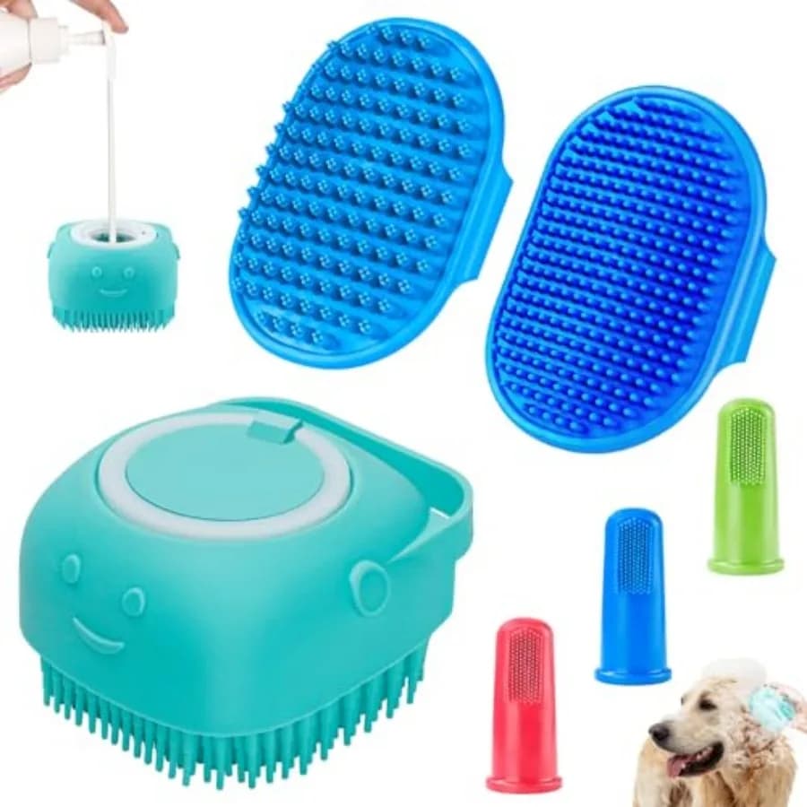 Set 6 Pezzi: Spazzola da Bagno e Spazzolino per Cani con Manico Regolabile, Spazzola per Shampoo e Scrubber per Cani e Gatti a Pelo Corto e Lungo