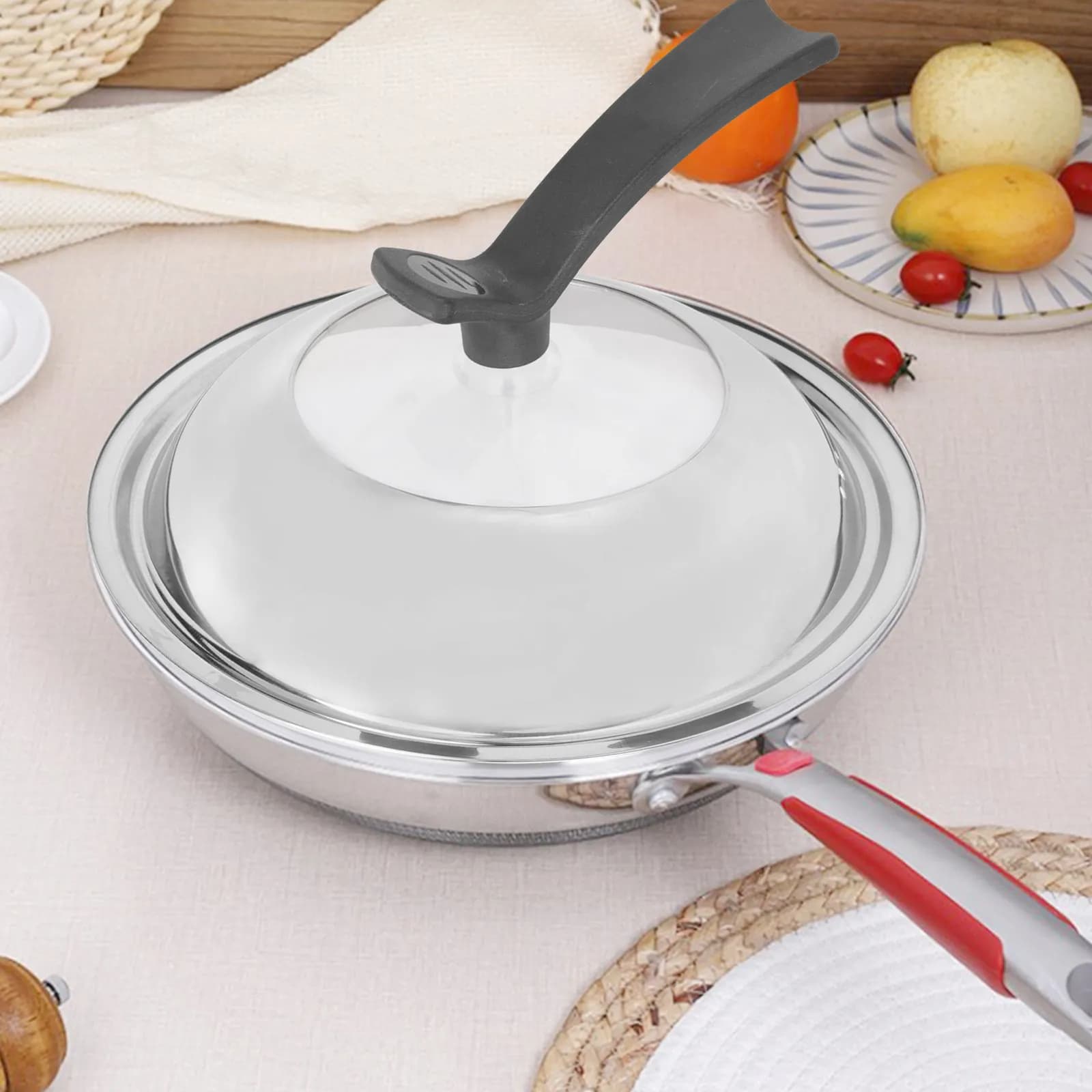 Coperchio per Pentola Ispessito con Manico in Acciaio Inox e Vetro Arcuato, Coperchio per Padella, Accessorio da Cucina per Casa