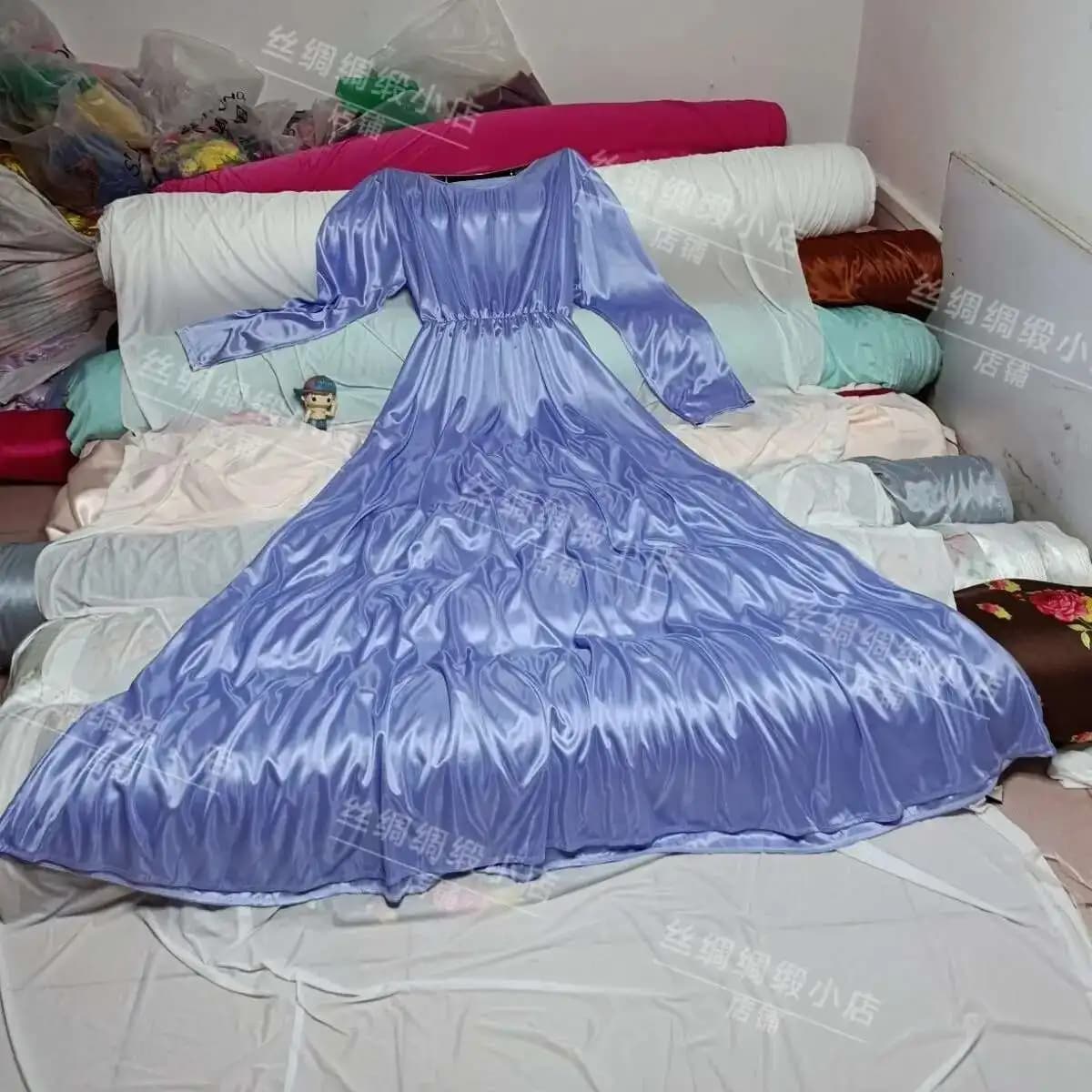 Glossy Sexy Women Satin Long Dress Long Sleeve Loose Night Dress Plus Size Sleeping Robe