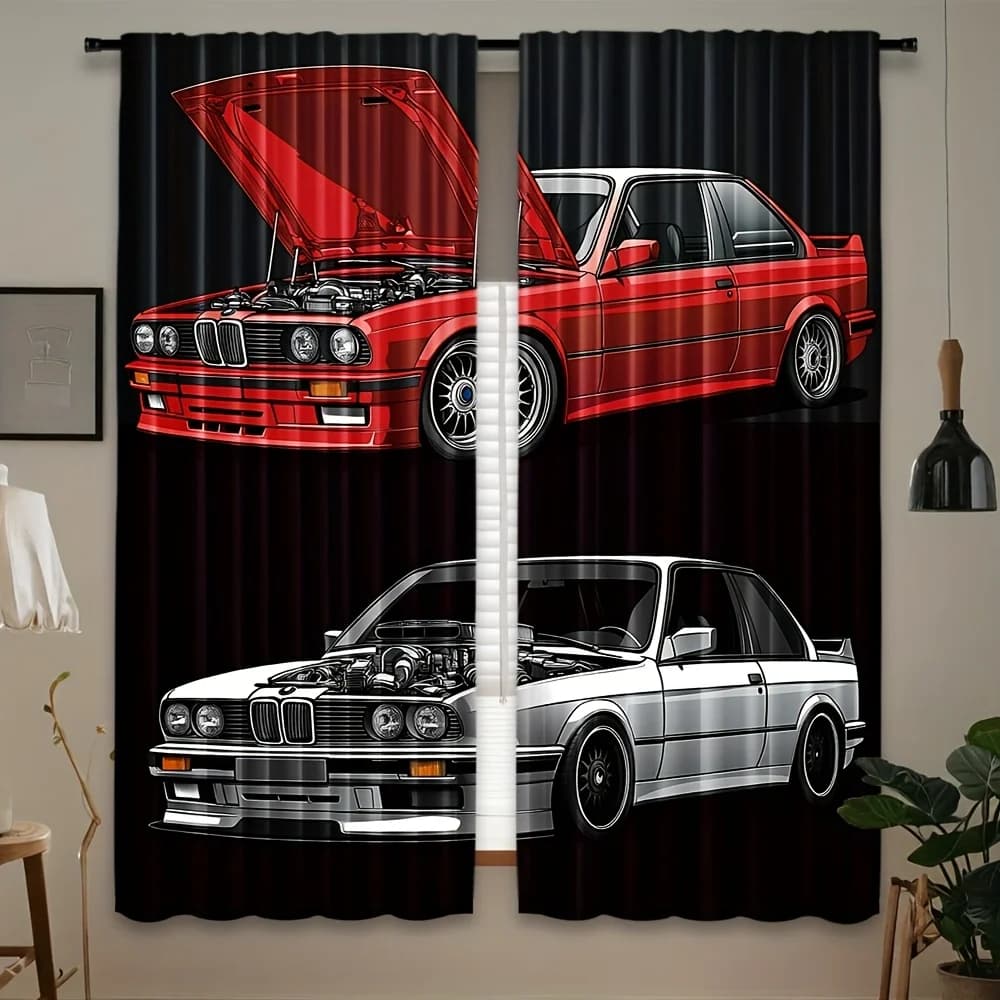 Set di 2 tende dal design moderno a forma di auto, drappeggi in poliestere di lunga durata adatti per soggiorno, camera da letto e cucina, lavabili in