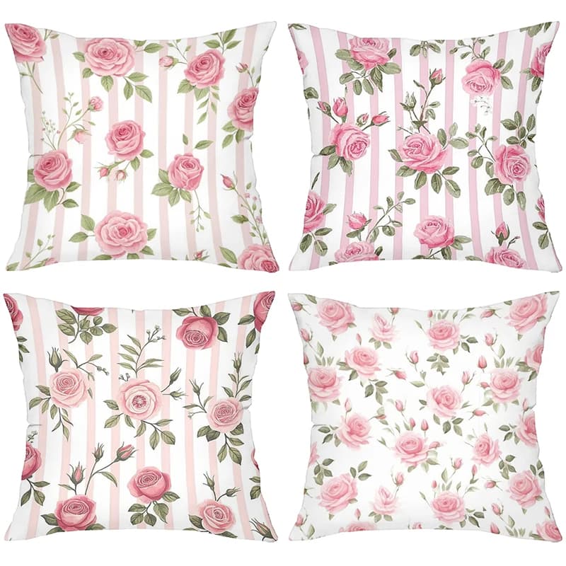 Federa Decorativa con Motivo Floreale di Rose Rosa, Copricuscino Stampato 2D per Divano, Decorazione Romantica in Stile Country Francese