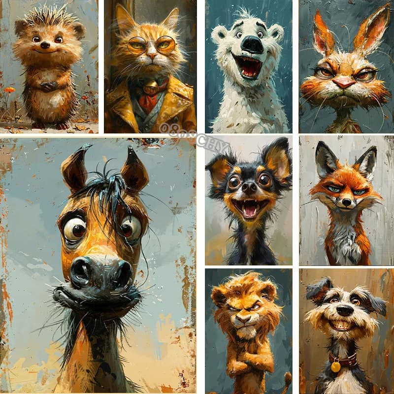 Animali divertenti Cane Gatto Orso polare Laugh Stampe su tela Poster Wall Art Dipinti su tela Simpatici animali Home Bagno Decor Murale