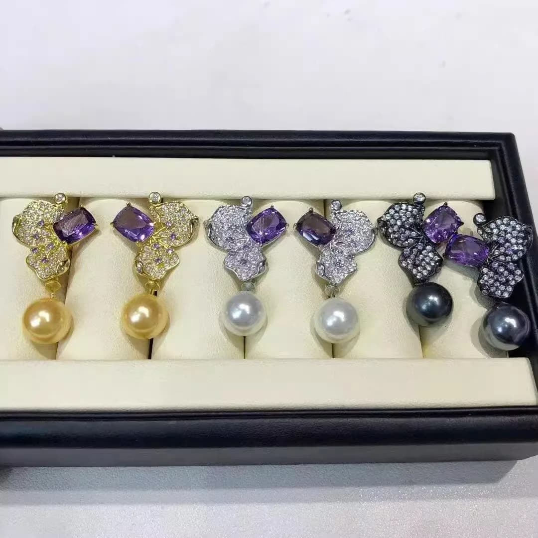 MeiBaPJ 10mm Perle Nearround Natural Purple Stones Pendant earrings with flowers Silver 925 Fine wedding jewelry for women