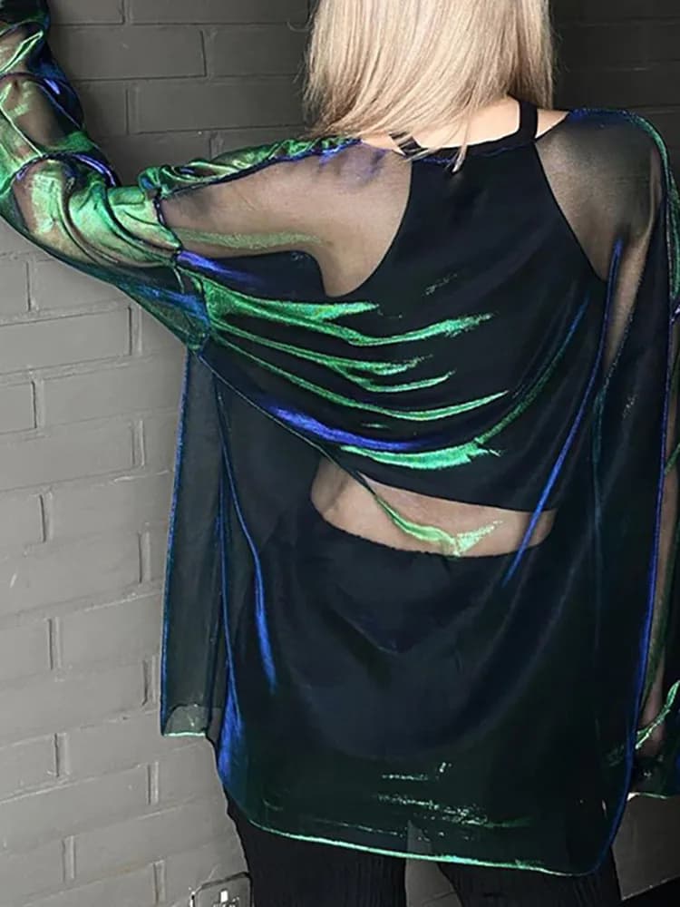 Vedere attraverso magliette per le donne Y2k vestiti sexy crop top manica lunga maglietta oversize o-collo club outfit riflettente Egirl Tees