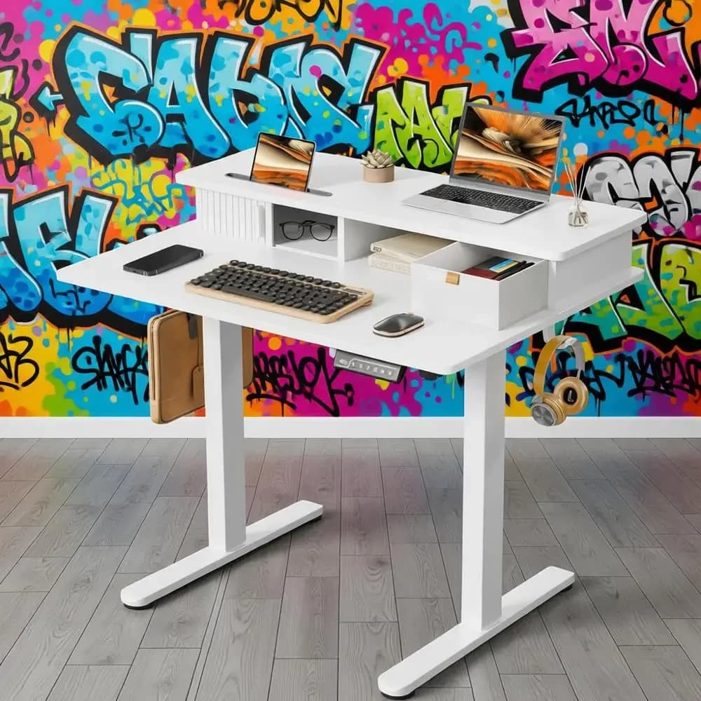 Scrivania elettrica bianca 35x25 regolabile in altezza con supporto per monitor integrato e spazio di archiviazione per casa o ufficio