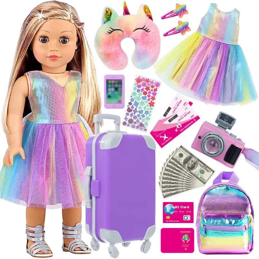 Il set da viaggio per valigia per bambole da 18 pollici include cuscino, borsa per unicorno, fotocamera, computer, telefono, passaporto per bambini Gi