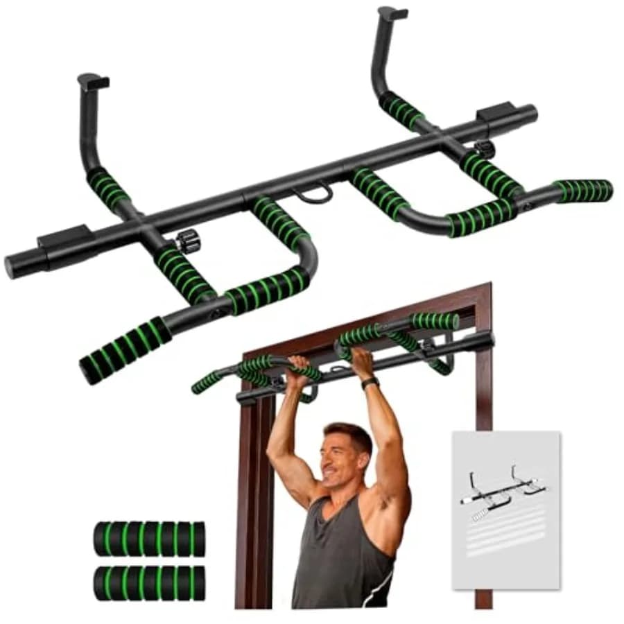 Barra per trazioni da porta per palestra domestica, struttura in acciaio, finitura nera, design ergonomico della impugnatura, supporta fino a 200 kg senza viti.