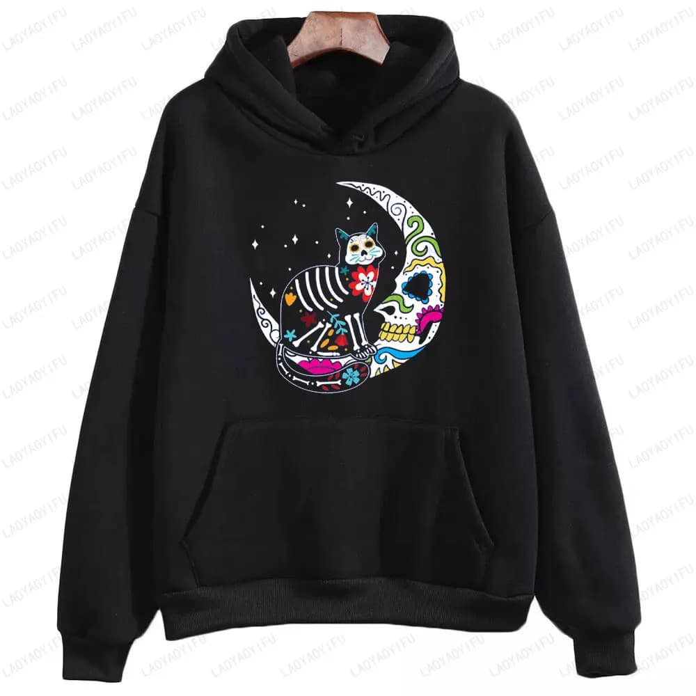 Scheletro Gatto e Teschio Luna Giorno dei Morti Felpa Abbigliamento colorato Abbigliamento sportivo Moda Autunno e inverno Donna Uomo Felpa con cappuccio