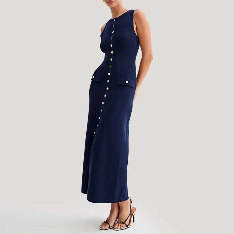 Summer Round Neck Sleeveless Single-breasted High-waisted Slim-fitting Party Banquet Long Dress