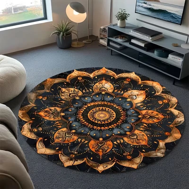 Tappeto Rotondo di Lusso Boho con Mandala, Stile Etnico con Stampa di Loto, Morbido Tappetino Antiscivolo Circolare per Soggiorno, Camera da Letto, Yoga e Arredamento
