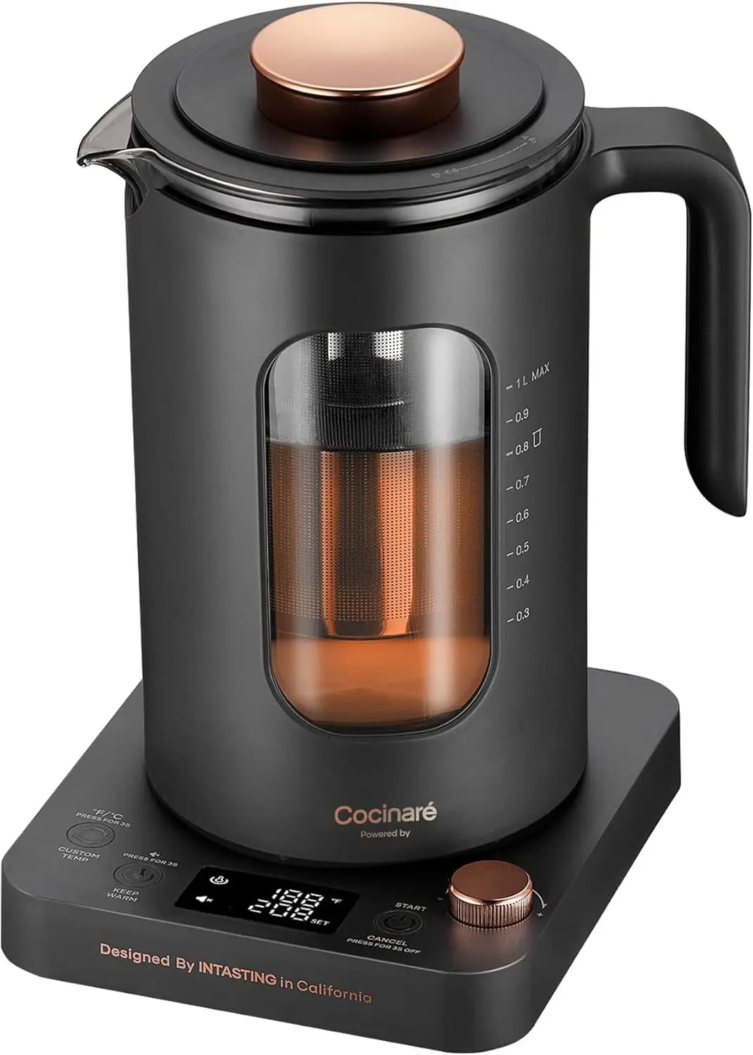 Bollitore elettrico con infusore per tè, 1L in vetro, ±1 ° Controllo della temperatura, 1200W, senza BPA, mantiene il calore, grigio scuro