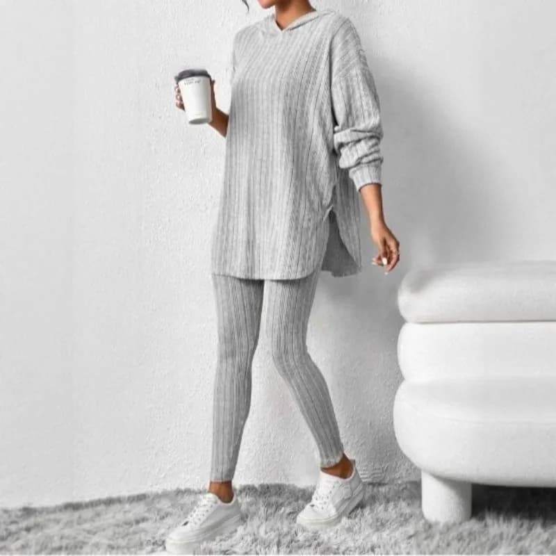 Women's 2-Piece Set Casual Loose Long-Sleeved Hooded Top with Slim Fit Threaded Leggings for Autumn Winter Fashionable Outfit