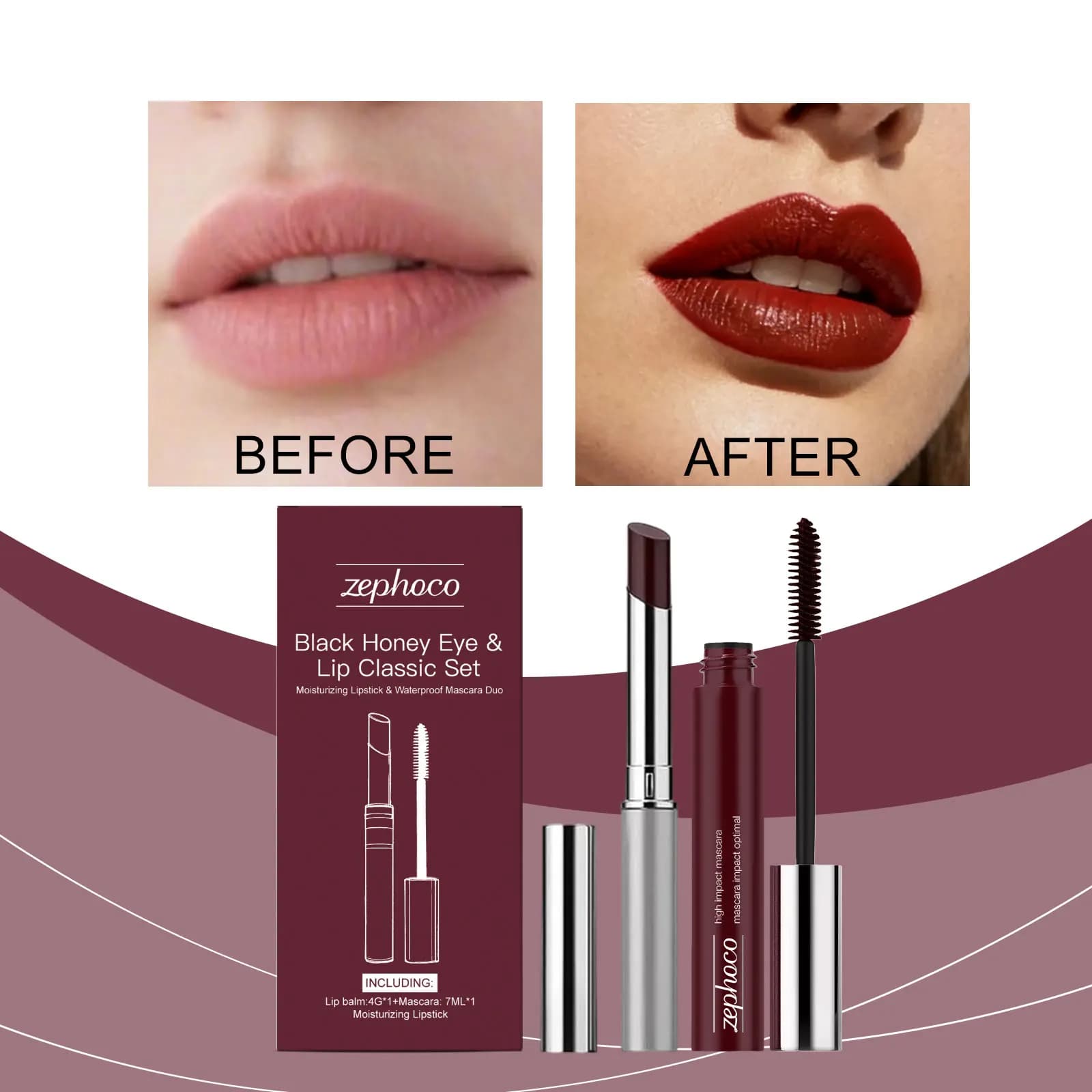 Set Trucco Occhi e Labbra Black Honey, Mascara Marrone Scuro, Rossetto Idratante Trasparente, Kit Cosmetico Naturale per Uso Quotidiano, Regalo per Donne