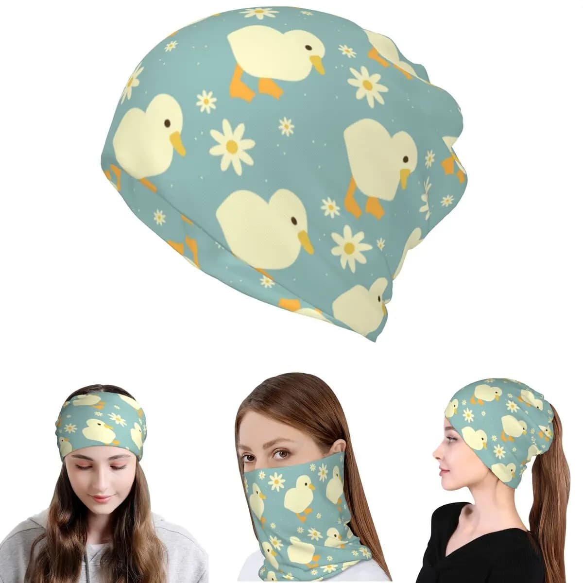 Cute Duckand Duck Flower Cartoon Pattern Bandana Neck Cover Mask Scarf Warm Cycling Scarf Beanies Hat for Men Women Adult Winter
