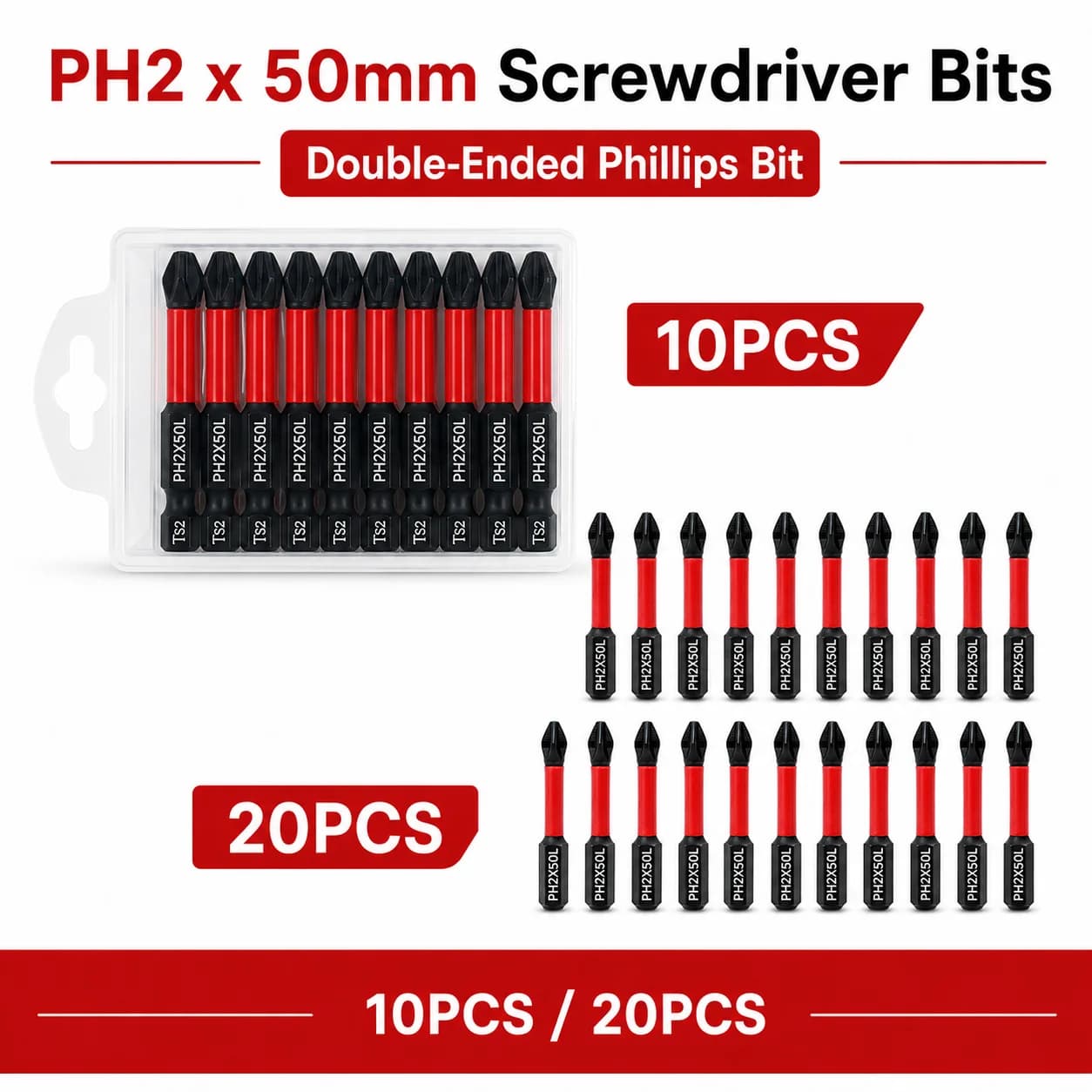 Set of 10-20 PH2 Magnetic Tips for Screwdriver, 50mm, Steel S2, Urti Resistant, Anti-slip, High Durability, Home Repair Tools