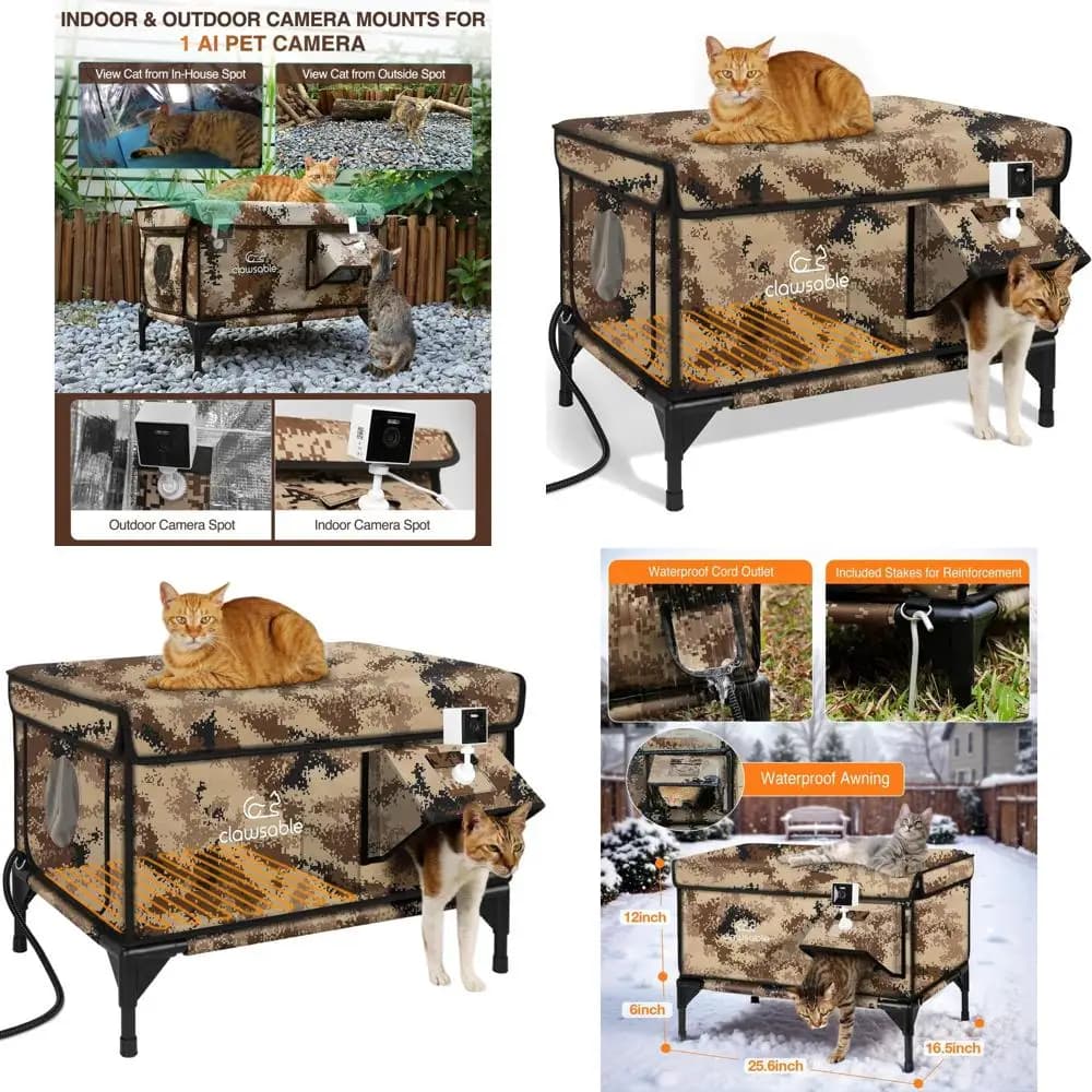 Riparo per gatti da esterno isolato impermeabile con riscaldatore, porta di fuga e telecamera per animali domestici per l'inverno, adatto per gatti Feral, Desert Ca
