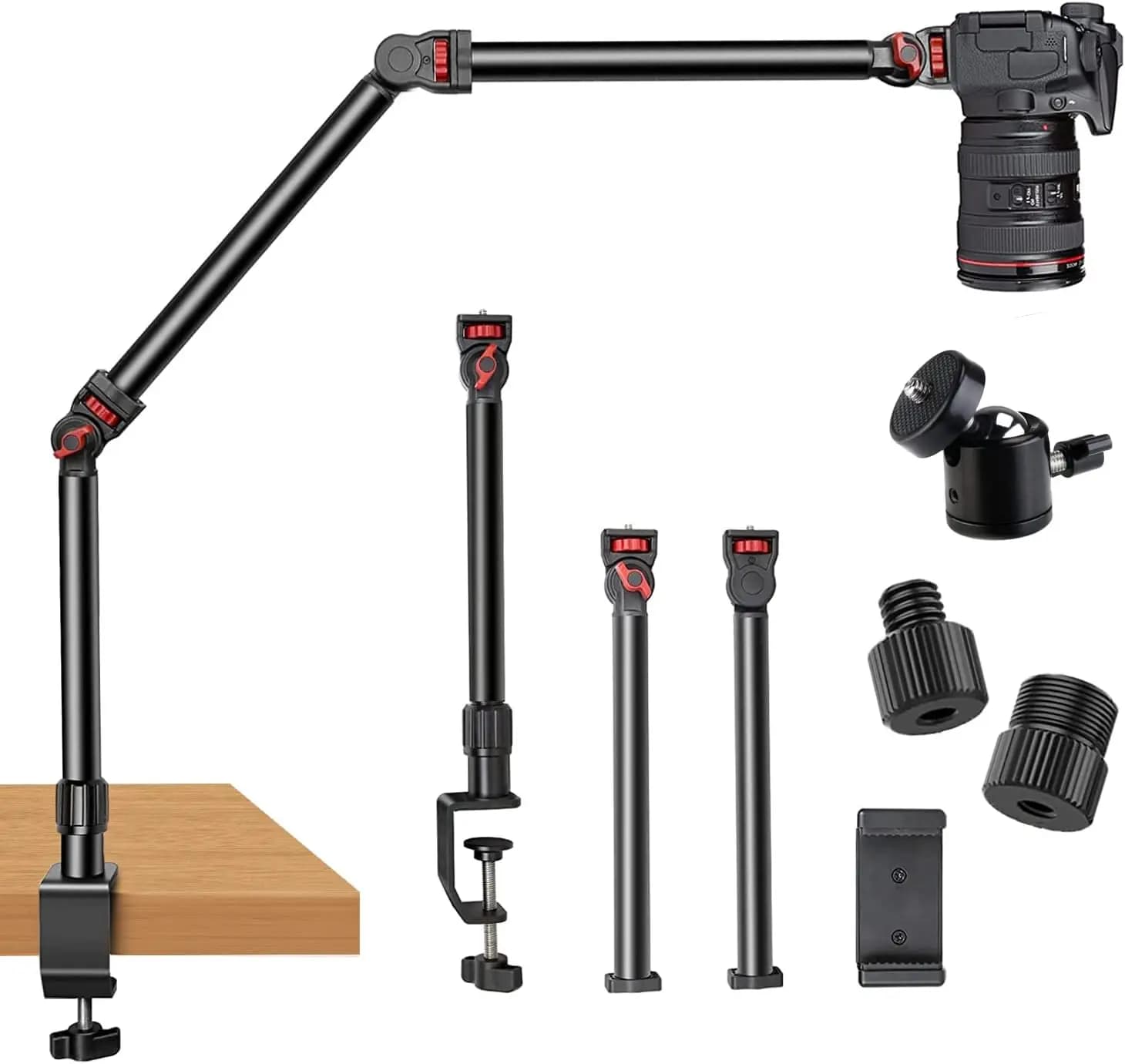 Flexible Support for Camera with Stackable Arm, 360° Rotation Ball Head and C Clamp for DSLR/Webcam/Microphone/Light