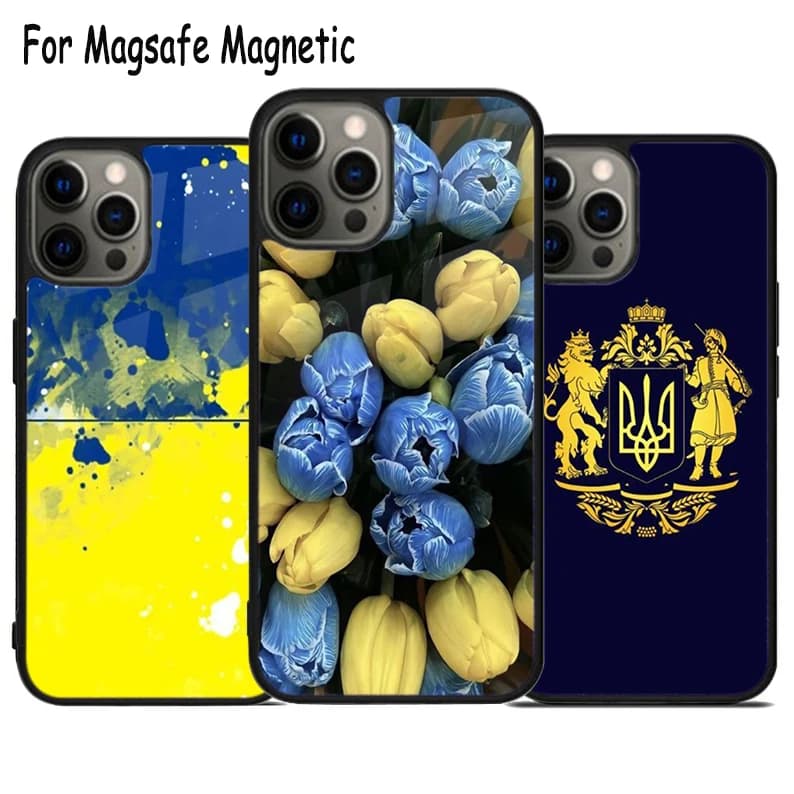 Custodia per telefono con bandiera ucraina e ricarica wireless per iPhone 17 Air 15 16 16e 14 13 11 12 Pro Max Plus, cover magnetica Magsafe con paraurti