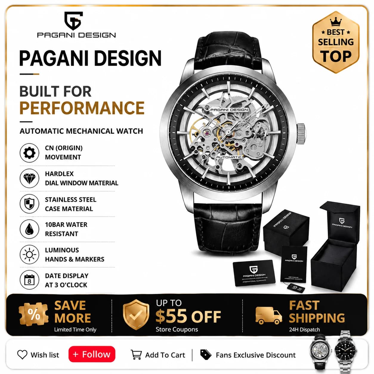 PAGANI DESIGN 2026 New Skeleton Automatic Watch Men Luxury Mechanical Wristwatch Blue Leather Strap Sapphire Waterproof Watch