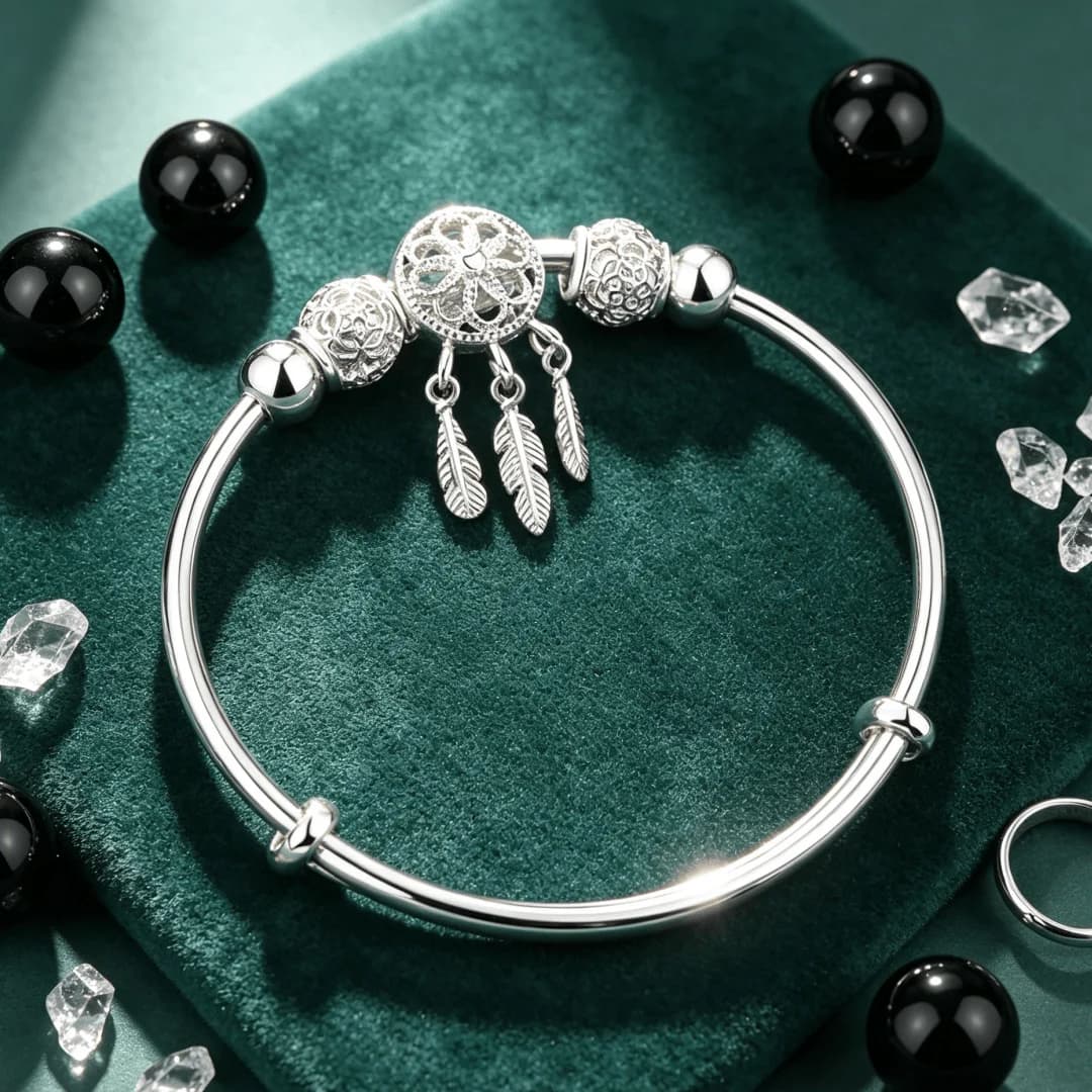 New fashion 925 Sterling Silver Beautiful Dreamcatcher Tassel Feather lucky Bead Bracelet Bangle For Women Original Jewelry gift