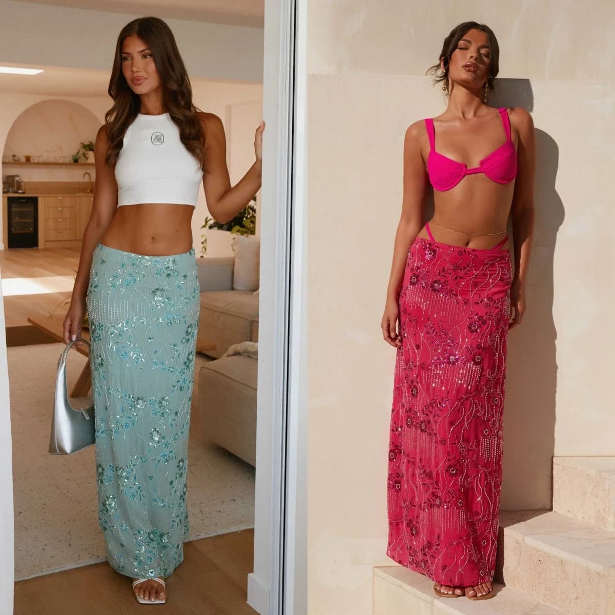 Women Y2K Sequin Long Skirt Sparkle Pearl Embellished Maxi Skirt High Waist Glitter Rhinestone Midi Skirt Going Out Clubwear