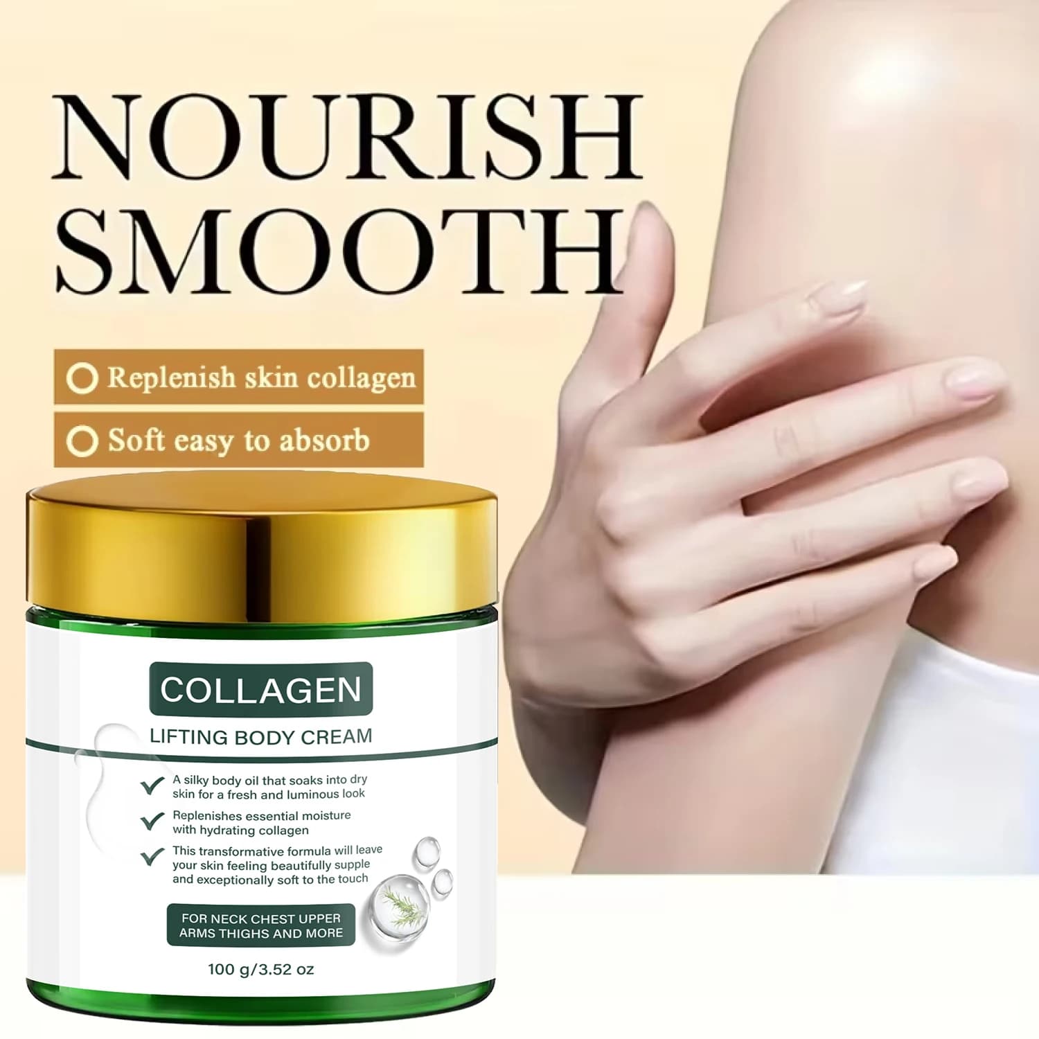 Crema Corpo Lifting al Collagene Rassodante Idratante con Acido Ialuronico e Arnica per Collo, Petto e Cosce Cura Quotidiana 100g