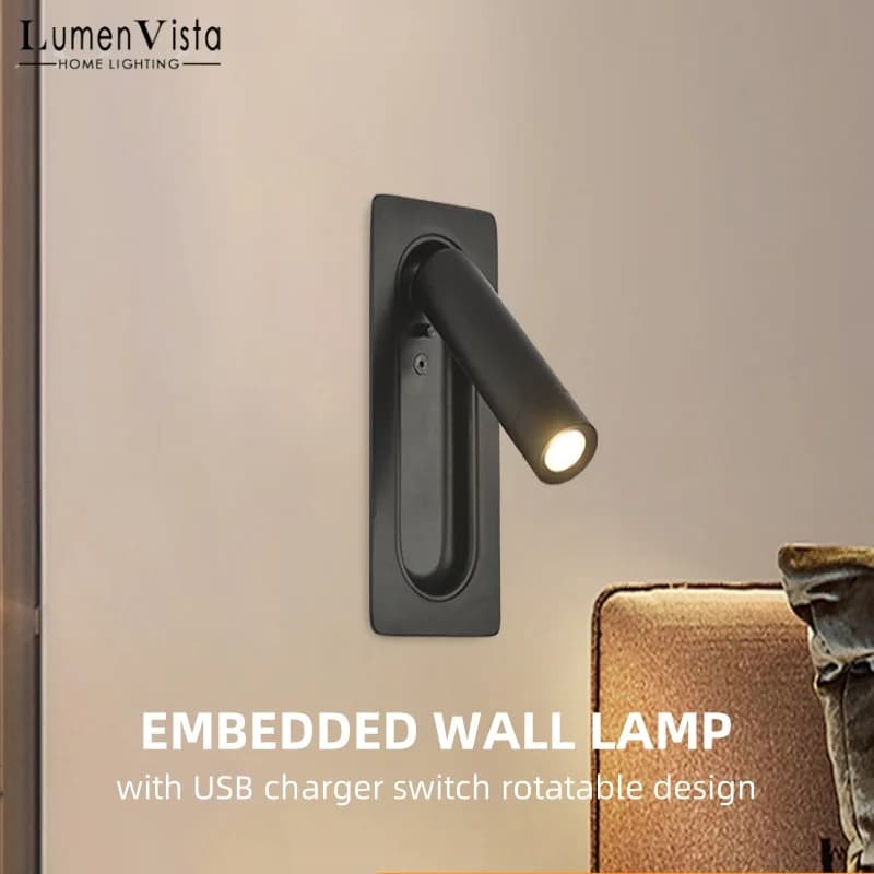 Lampada da parete a incasso AC85-265V con interruttore, interfaccia di ricarica USB, luce da lettura per comodino hotel, lampada da parete a LED per interni, decorazione per camera da letto