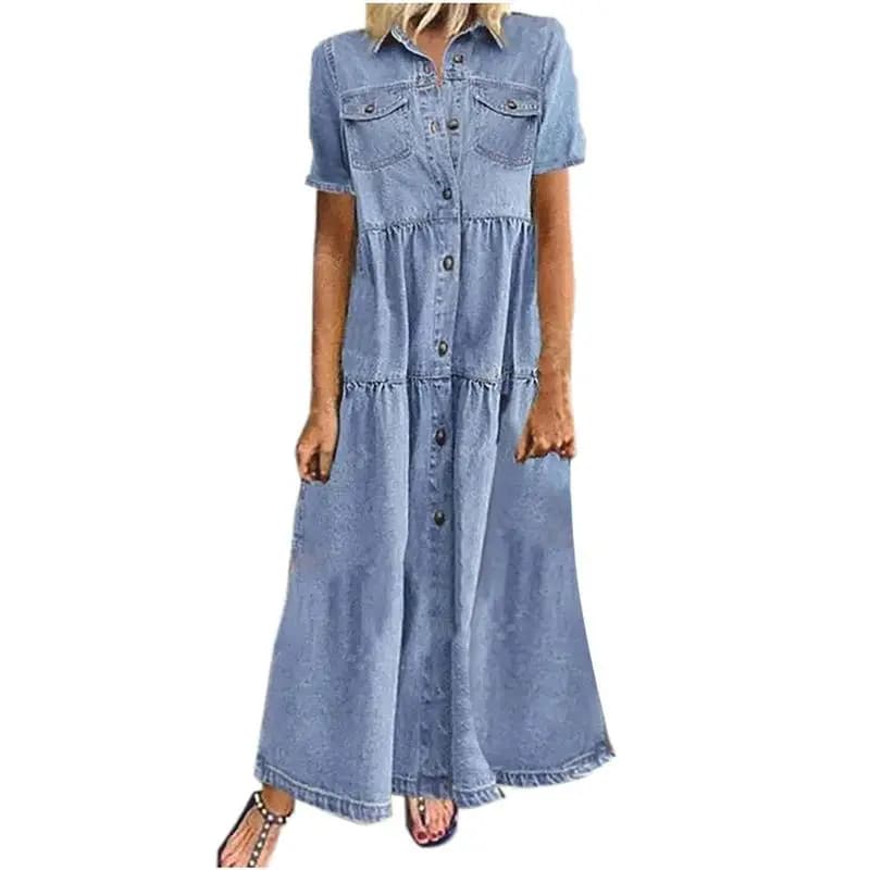 Retro High Waist A-Line Dress Collar Long Dress Denim Skirt Cross-Border Women's Clothing Polyester Short Sleeve Print