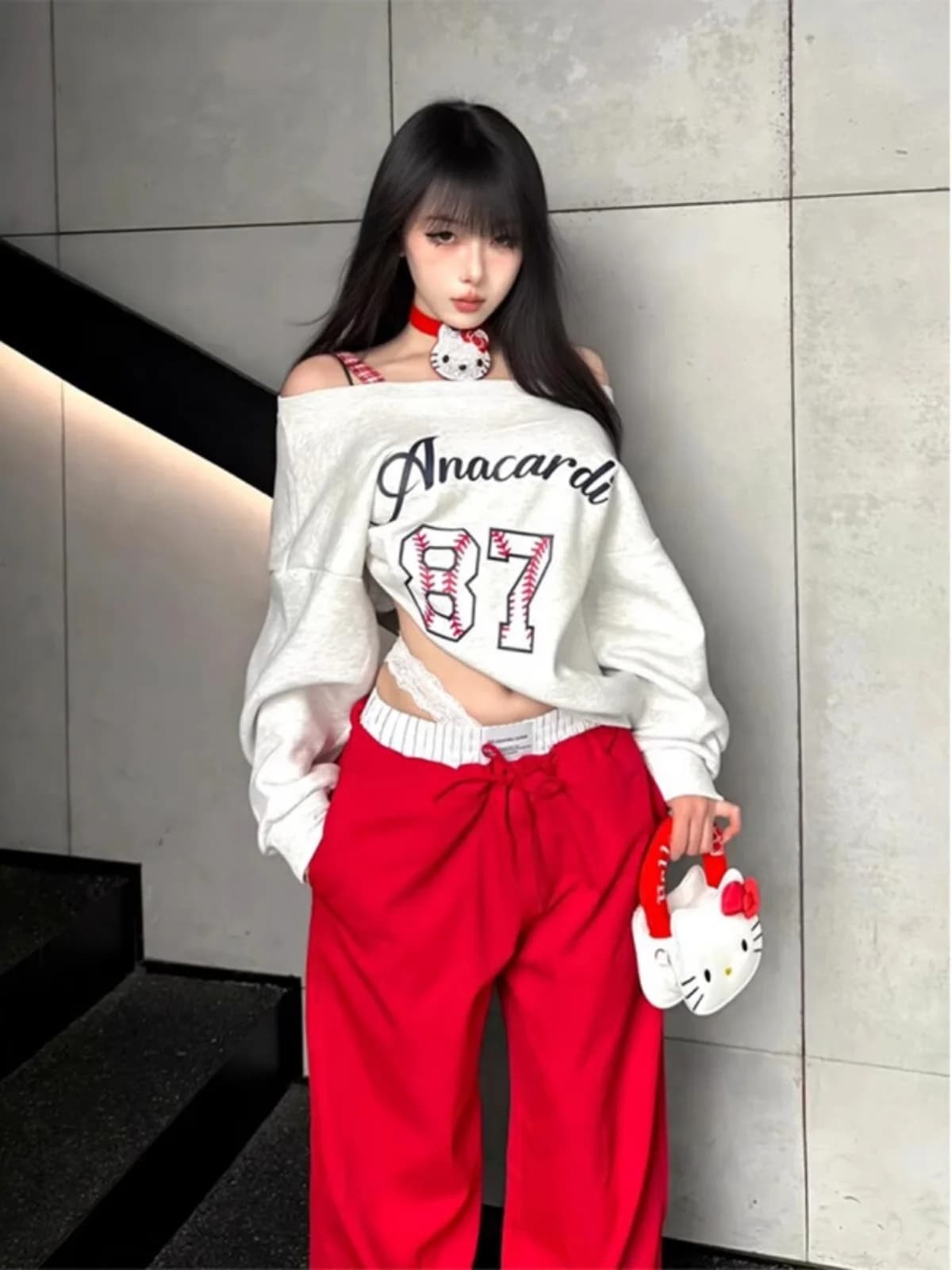 American Style Long Sleeve off Shoulder Hoodie Women's Spring Autumn New Grey Letter Print Loose Lazy Spicy Shoulder Top