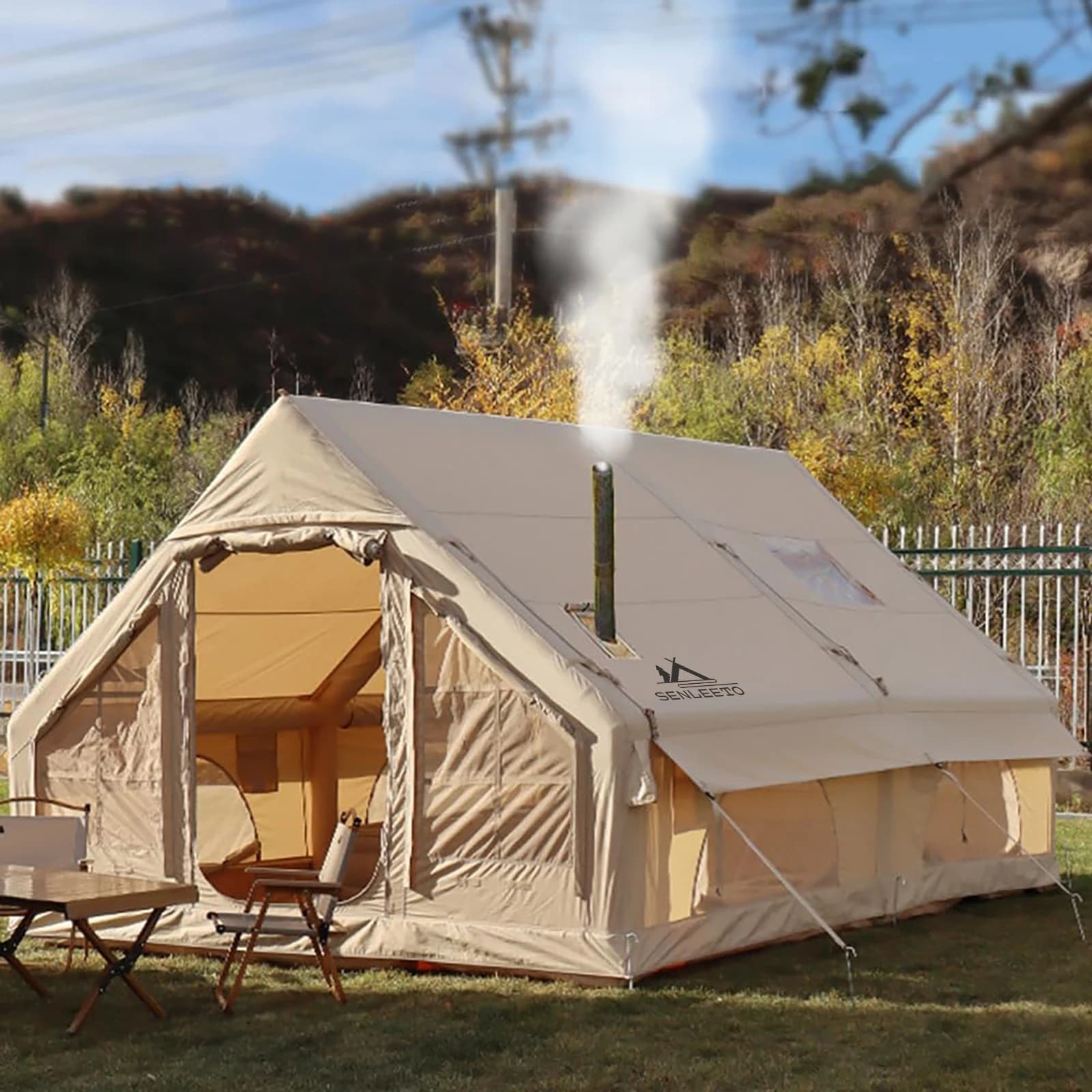 Inflatable Tent 6-8 Person Blow up Air Tent for Outdoor Camping Glamping 420D Oxford Family Cabin Tent with Stove Jack AC Vent