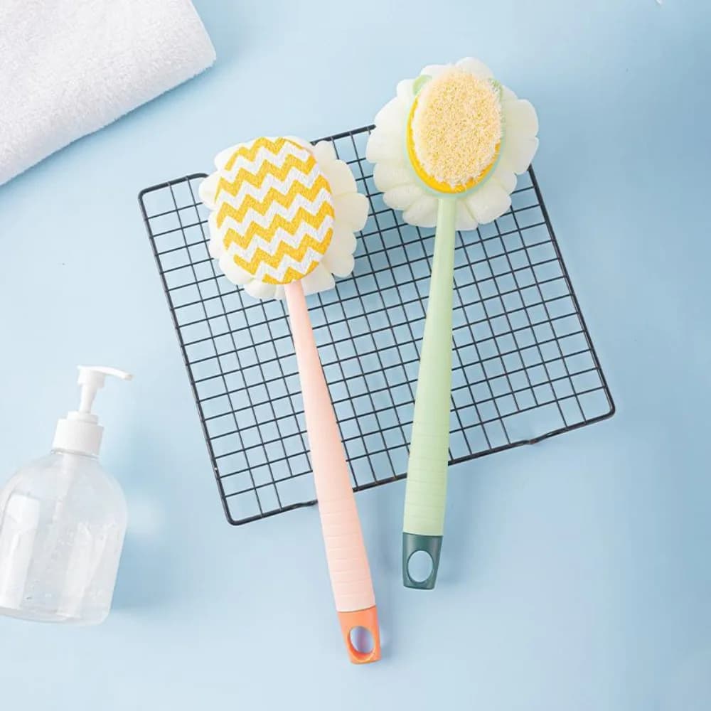 Spazzola per la schiena in luffa con manico lungo e spugna morbida per esfoliare la pelle, massaggiare e detergere il corpo durante la doccia, per donne.