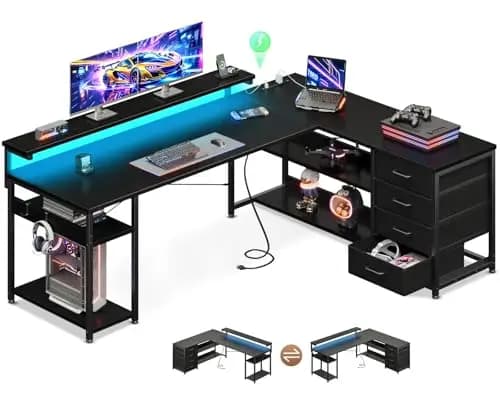 61 Inch L Shaped Computer Desk with 4 Drawers, LED Lights, Black | Power Outlets, Adjustable Monitor Stand, Open