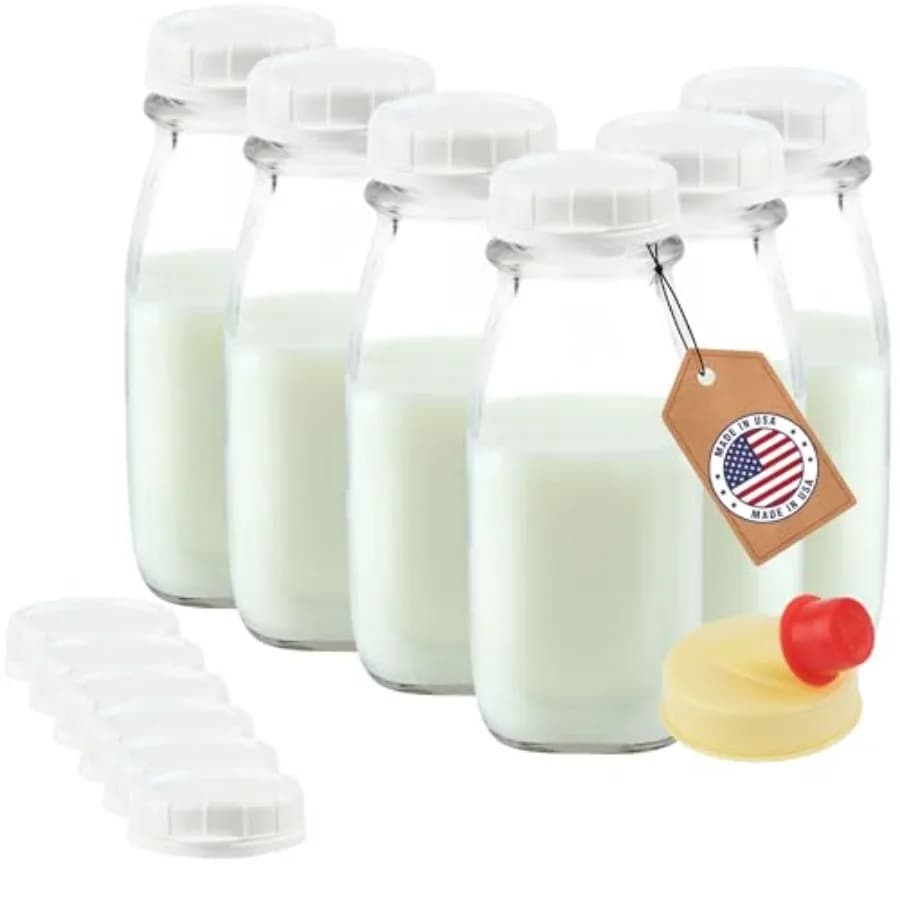Set di 12 Bottiglie Quadrate in Vetro da 12oz con Coperchi Antimanomissione, Ideali per Contenitori Pranzo, Mini Bottiglie di Latte Riutilizzabili