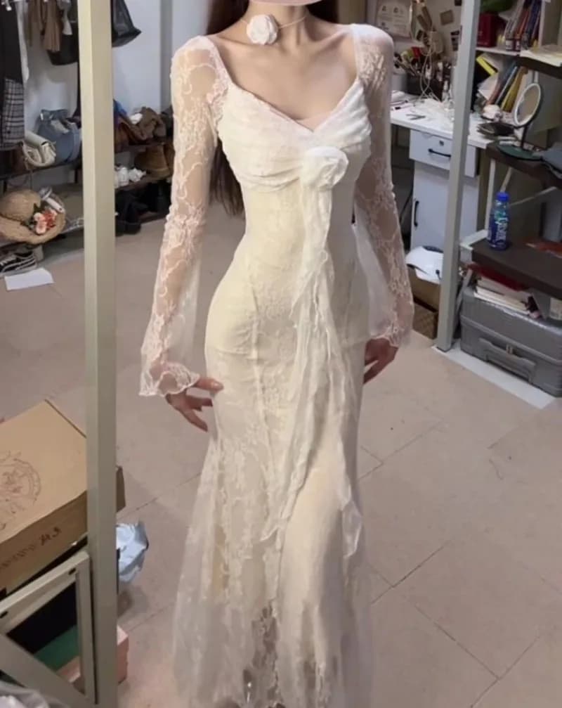2025 new summer dresses with V neckline with pink ribbon fashion woman sexy lace slim fit tight dress white women clothing