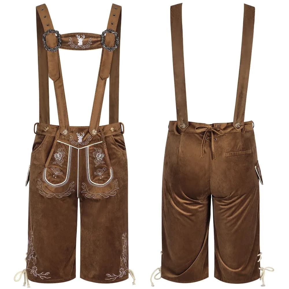 Costume da Oktoberfest, Set di Pantaloncini con Bretelle Marroni a Motivi Raffinati, Abbigliamento Quotidiano per Uomo Adulto, Outfit per Halloween e Carnevale, Cosplay