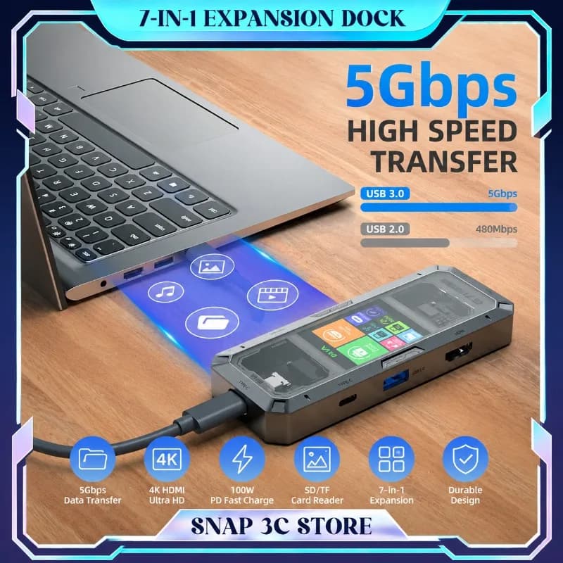 PIVA G71 Hub USB C 7 in 1 con Display Intelligente, Docking Station in Alluminio, Adattatore Type-C a HDMI 2.0, USB 3.0, PD 100W per Laptop