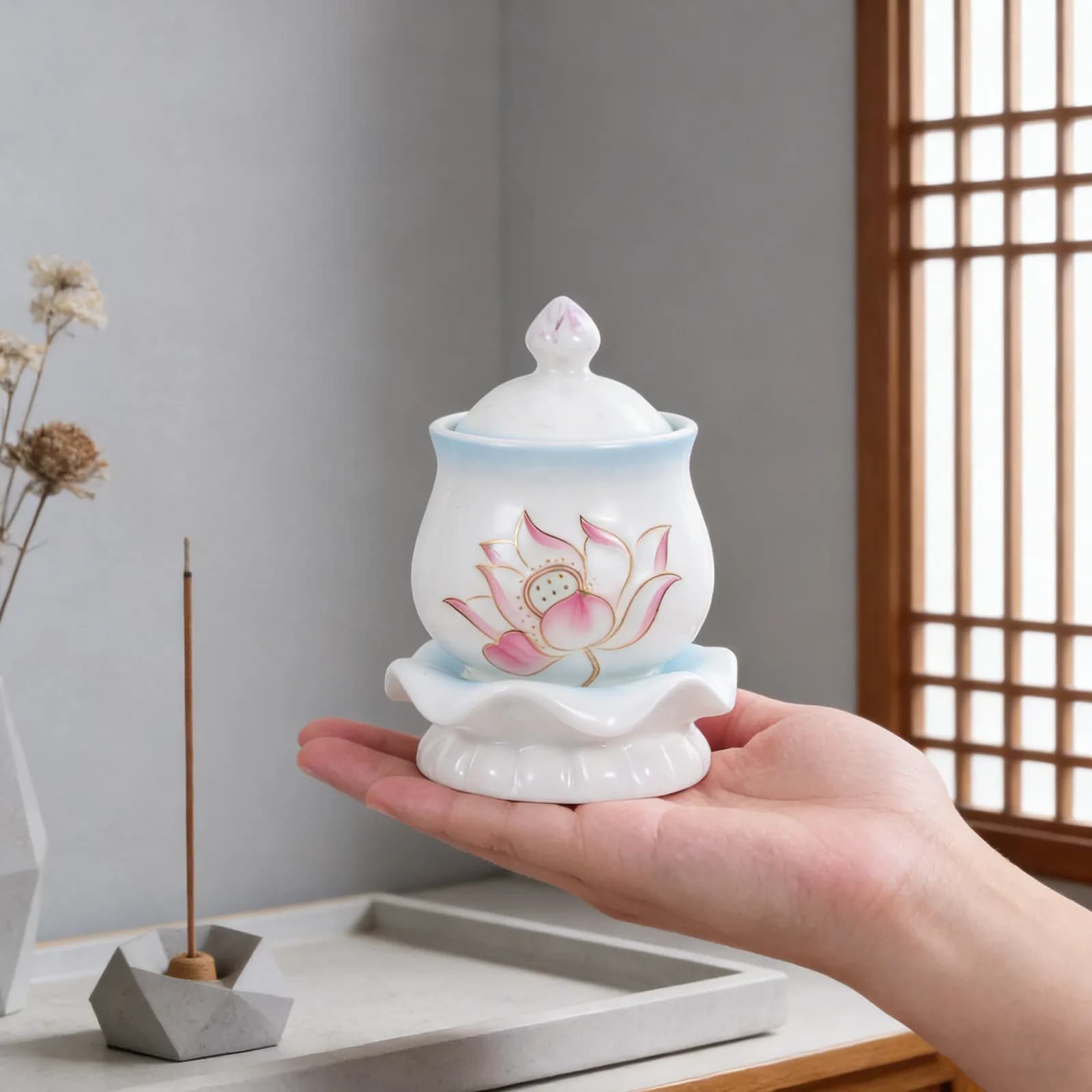 Ciotola per Offerta d'Acqua Buddista a Forma di Loto Smaltata, Fatta a Mano in Ceramica e Porcellana, Tradizionale Ciotola per Preghiera e Rituali, Tazza d'Acqua per Buddha e Casa