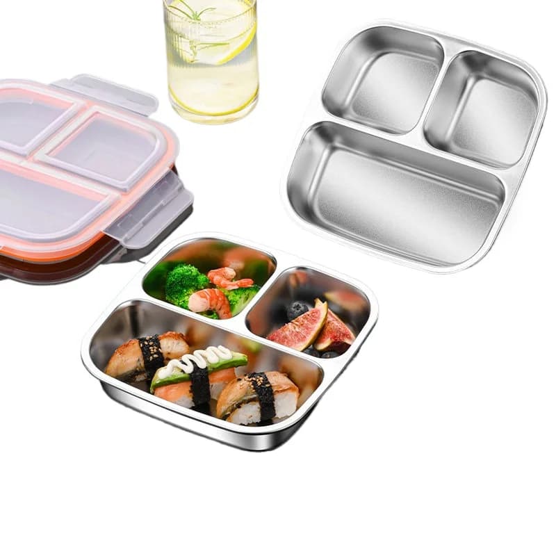 Piatto da pranzo in acciaio inox LH con coperchio, tre o quattro scomparti, con coperchio per contenitore porta pranzo diviso e quantitativo.