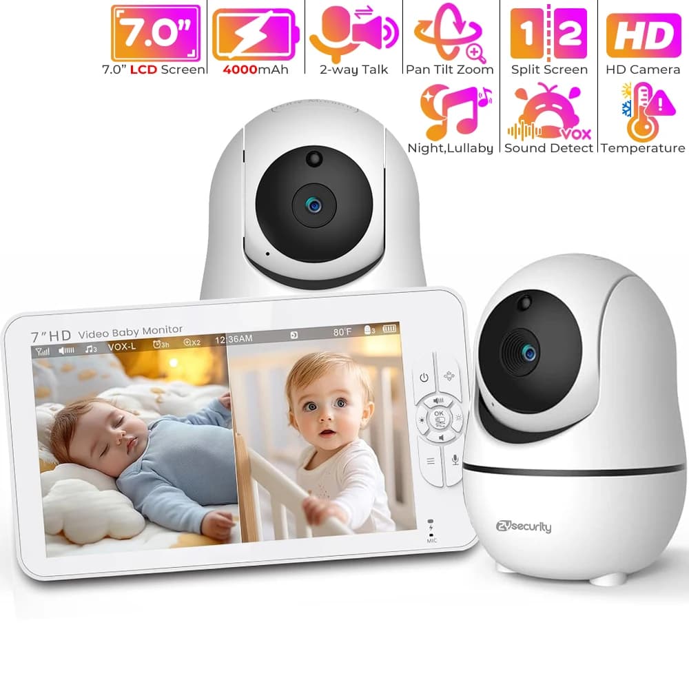 Baby monitor da 7 pollici con 2 telecamere Babyphone 1080P Schermo diviso Pan-Tilt-Zoom Telecamera per tata Audio bidirezionale Visione notturna BabySitter