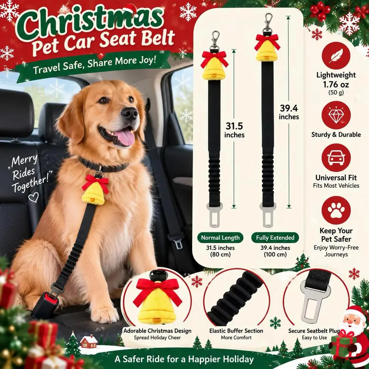 Adjustable Pet Harness for Car Use - Christmas New Model Dog Adjustable Leash Color Safety Buckle Pet Car Safety Belt