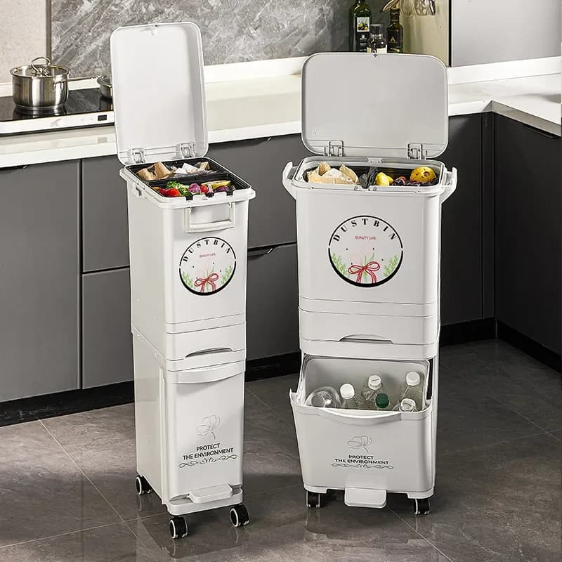 Large Capacity Kitchen Trash Can with Lid Double Layer Dry Wet Separation Classification Food Waste Bin Removable Household